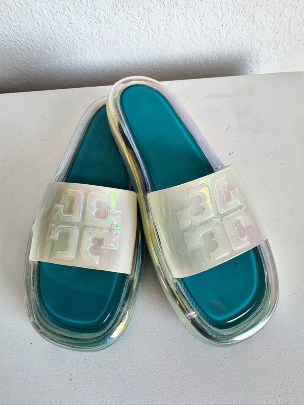 Nice Tory Burch Bubble Jelly Slides Size 9 Teal & White Iridescent